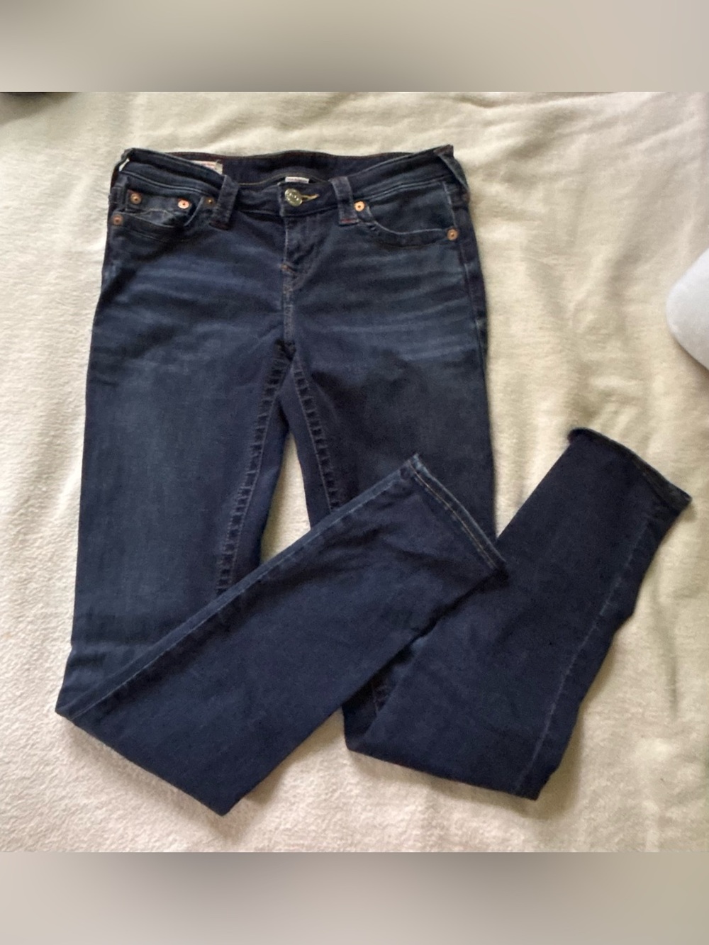 True Religion Dark Wash Yellow Stiching Stella Low Rise Skinny Womens 29